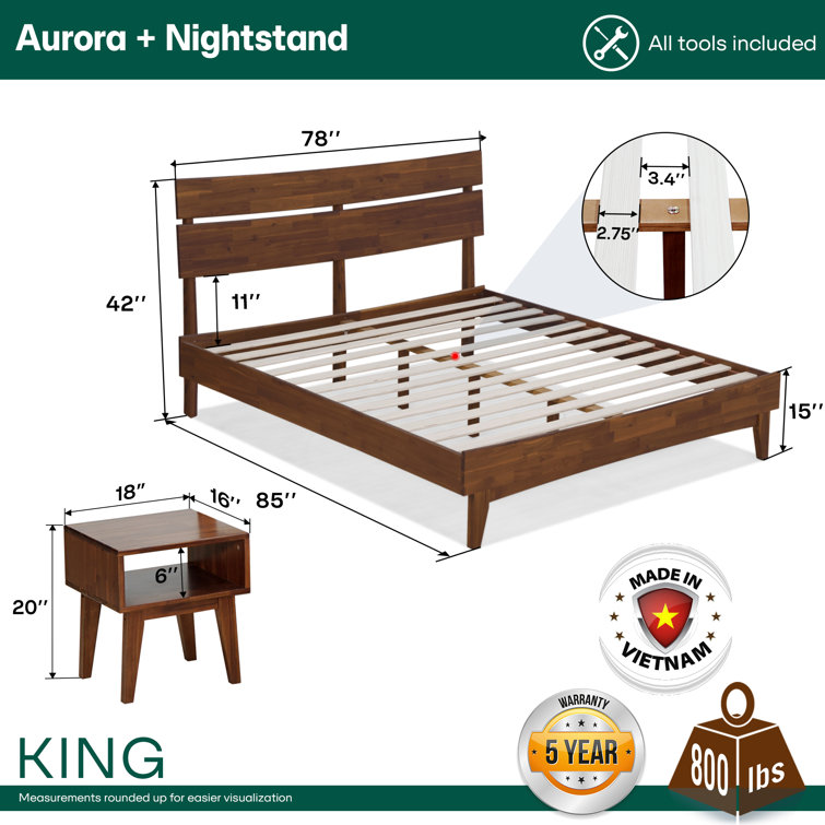 King Walnut Acacia Solid Wood Platform Bed Frame with Matching Nightstand