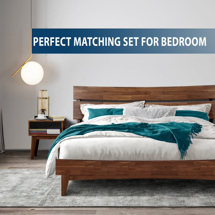 King Walnut Acacia Solid Wood Platform Bed Frame with Matching Nightstand