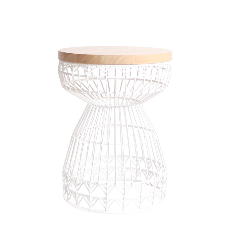 Compact White Oak & Iron Hourglass Accent Stool