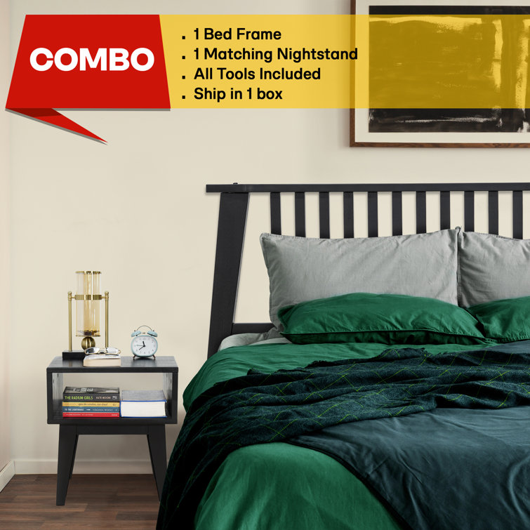 Kaylin Black Solid Wood King Platform Bed Frame with Nightstand