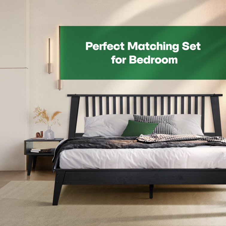 Kaylin Black Solid Wood King Platform Bed Frame with Nightstand
