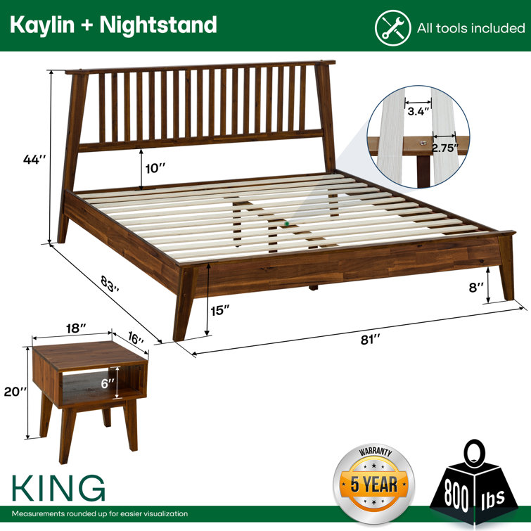 Kaylin King Walnut Solid Wood Platform Bed Frame with Nightstand