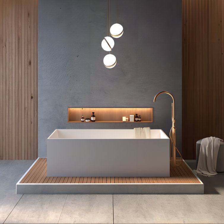67'' White Solid Surface Freestanding Soaking Bathtub