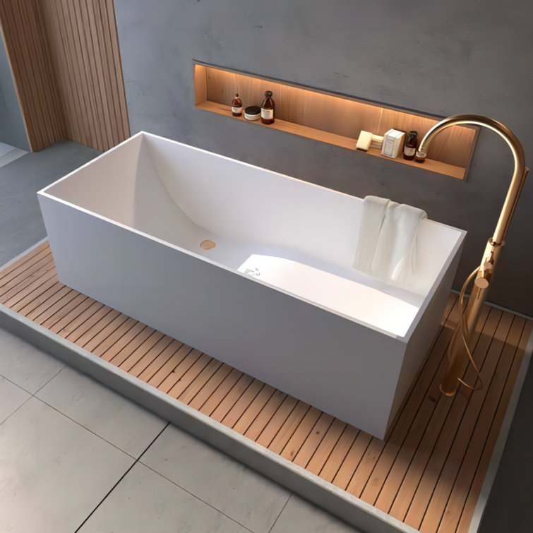 67'' White Solid Surface Freestanding Soaking Bathtub