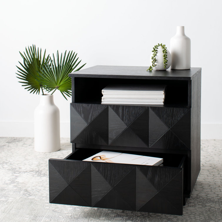 Black Geometric 2-Drawer Solid Wood Nightstand