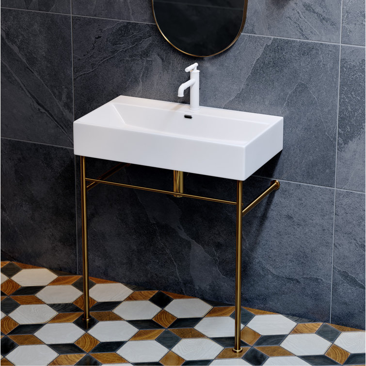 Claire 30" White Ceramic Console Sink with Brushed Gold Legs