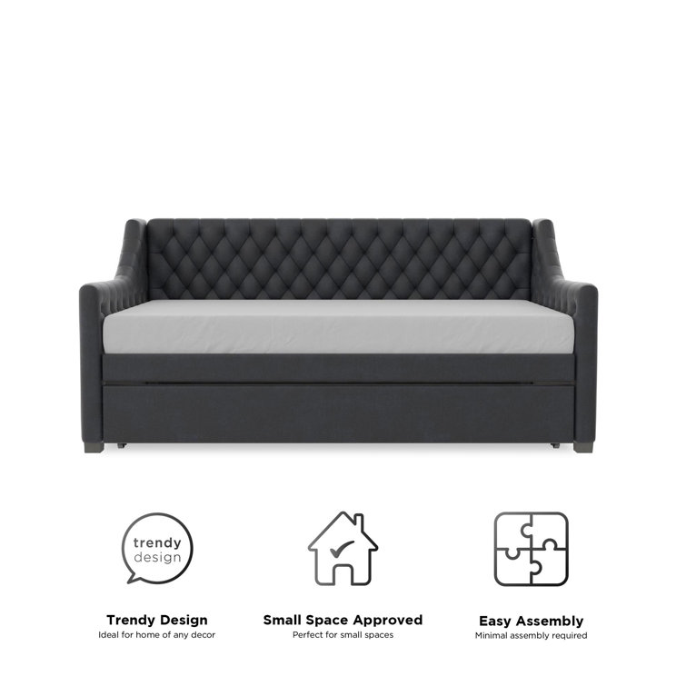 Navy Blue Velvet Twin Daybed with Trundle and Tufted Upholstery