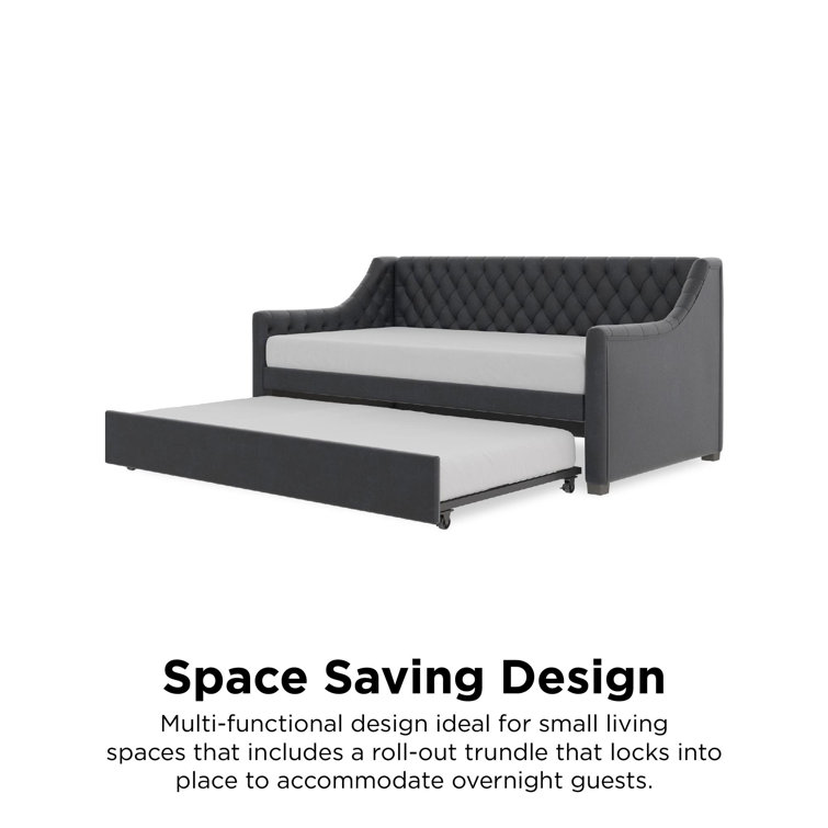 Navy Blue Velvet Twin Daybed with Trundle and Tufted Upholstery