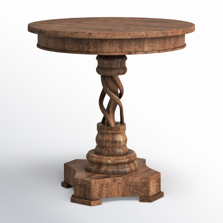 Natural Brown Mango Wood Round End Table with Carved Pedestal Base