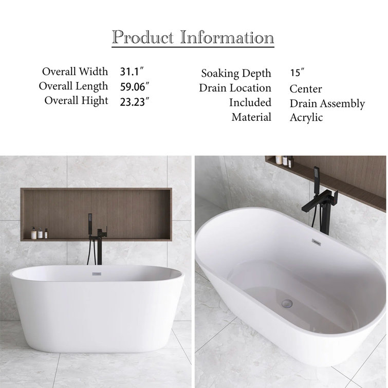 59'' White Acrylic Freestanding Soaking Bathtub