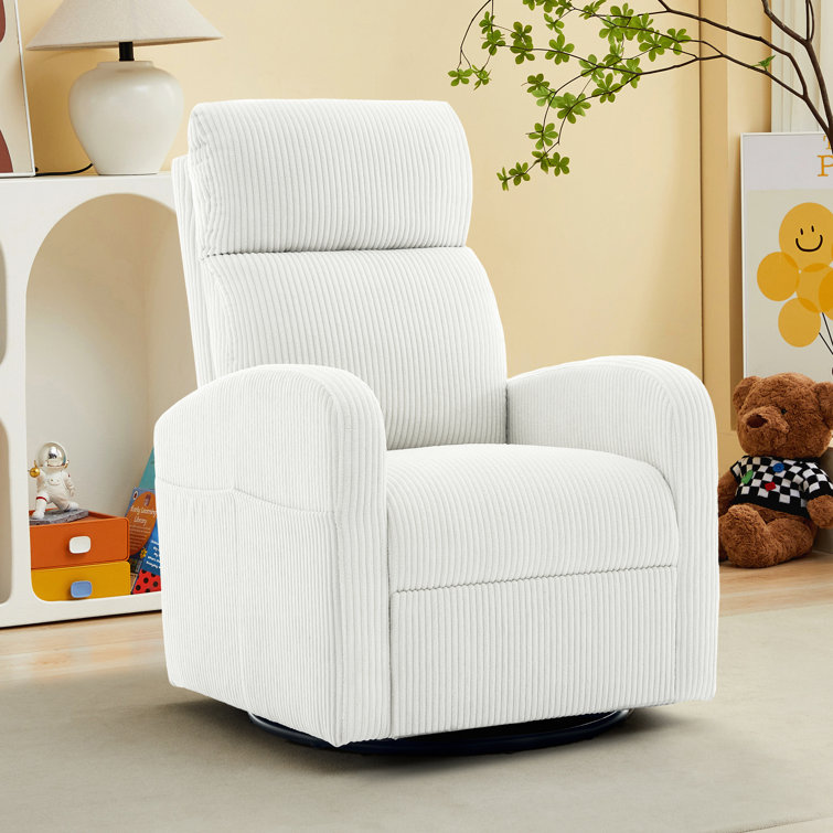 White Corduroy Upholstered Swivel Rocker Glider Nursery Chair