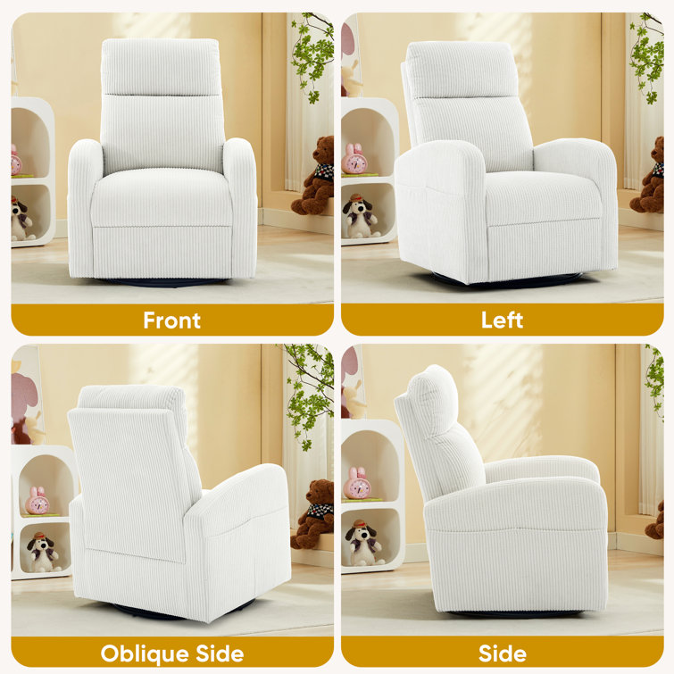 White Corduroy Upholstered Swivel Rocker Glider Nursery Chair