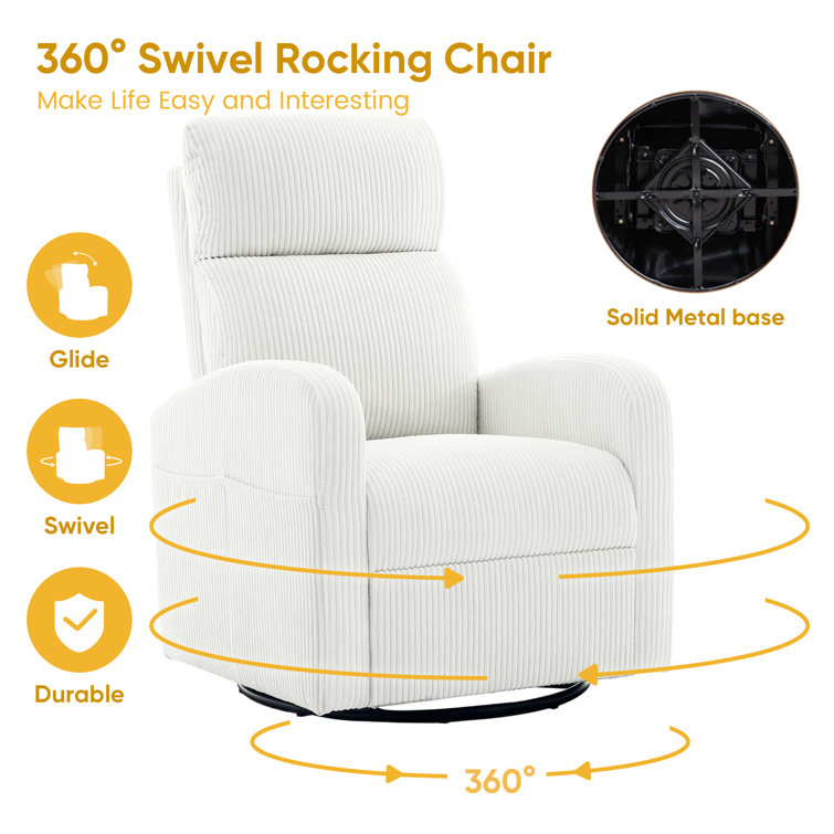 White Corduroy Upholstered Swivel Rocker Glider Nursery Chair