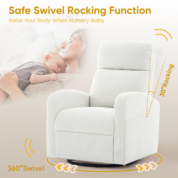 White Corduroy Upholstered Swivel Rocker Glider Nursery Chair