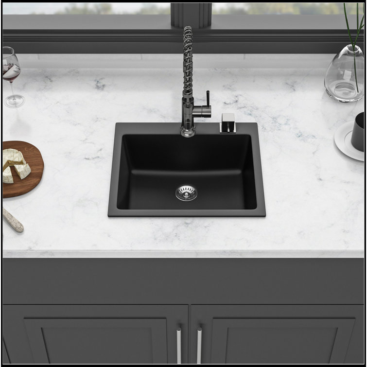 25" x 22" Black Quartz Drop-In Single Bowl Kitchen Sink with Accessories