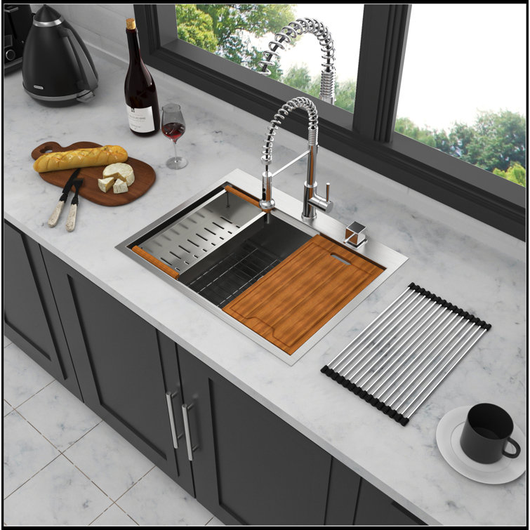 28 in. Brushed Nickel Stainless Steel Single Bowl Drop-In Sink