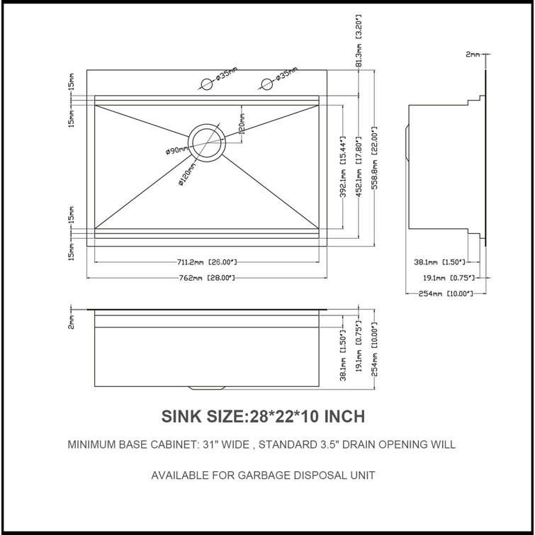 28 in. Brushed Nickel Stainless Steel Single Bowl Drop-In Sink