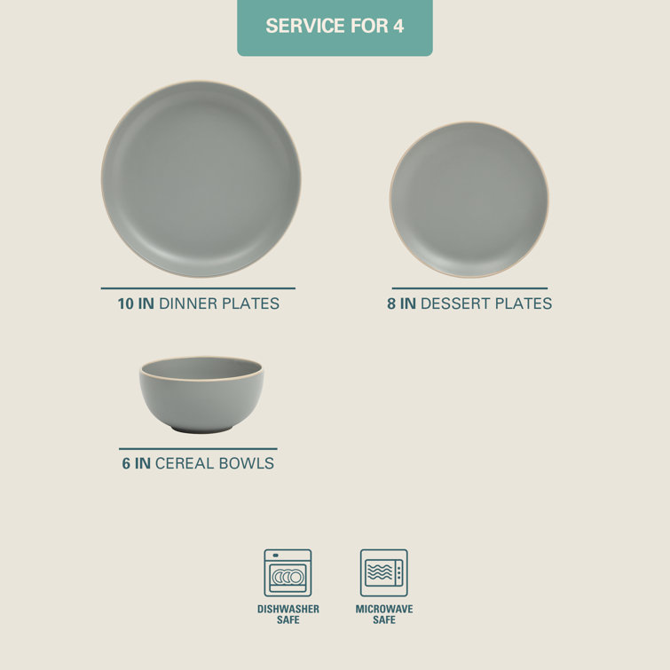 Matte Gray Ceramic 12-Piece Dinnerware Set Service for 4