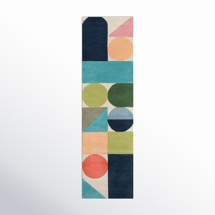 Glory Geometric Blue Green Light Orange Wool Runner Rug