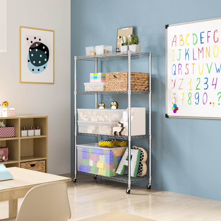 Adjustable Silver Steel Wire Shelving Unit with Wheels