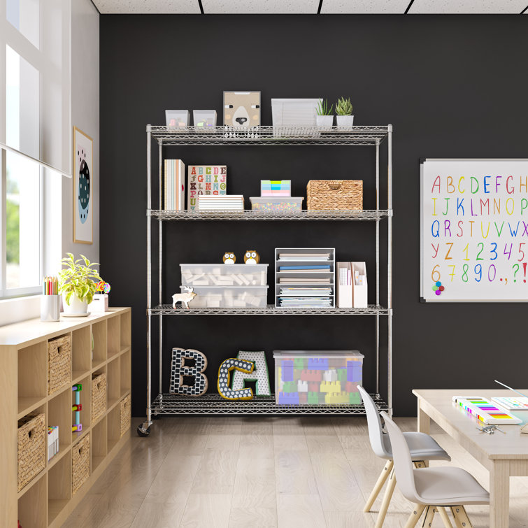 Versatile Chrome 4-Tier Steel Wire Adjustable Shelving Unit with Wheels