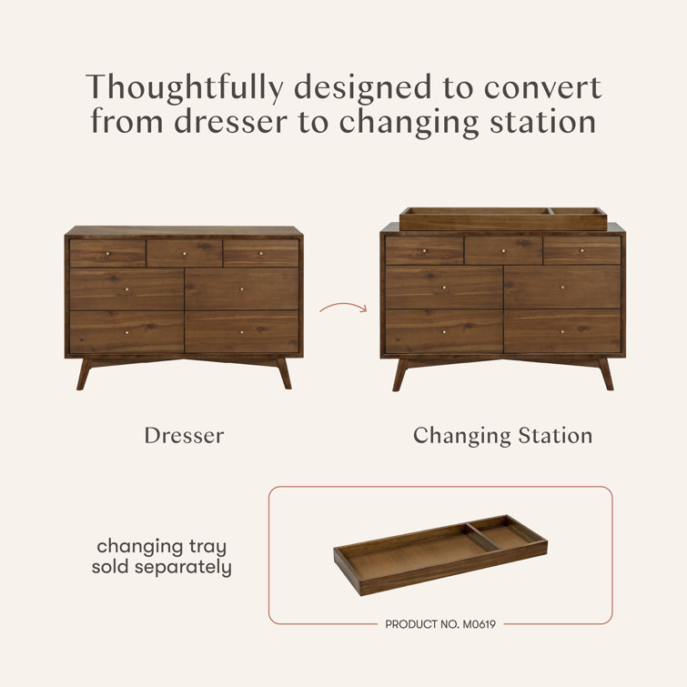 Natural Walnut Mid-Century 7-Drawer Double Dresser
