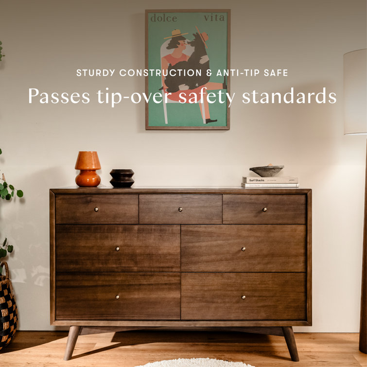 Natural Walnut Mid-Century 7-Drawer Double Dresser
