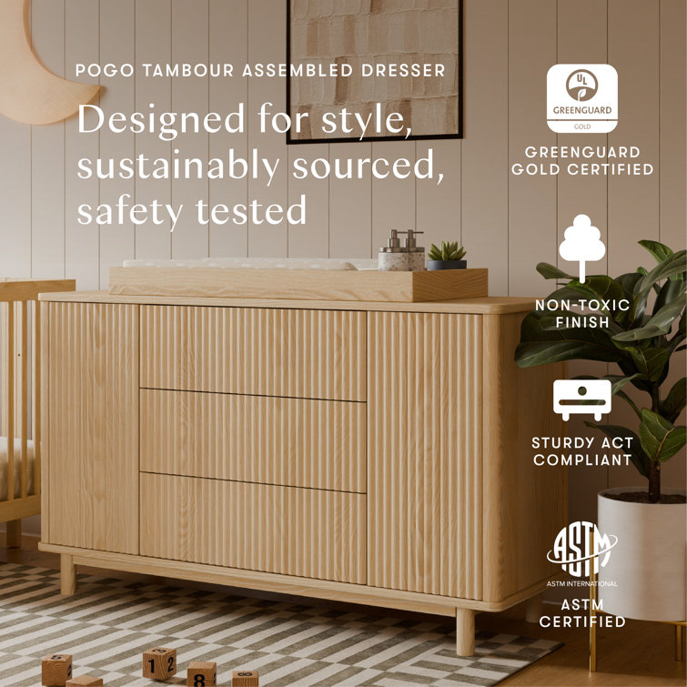 Blonde Wood Large Tambour Panel Dresser with Casters