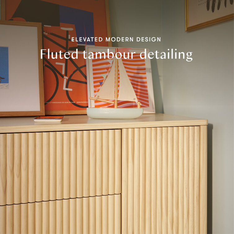Blonde Wood Large Tambour Panel Dresser with Casters