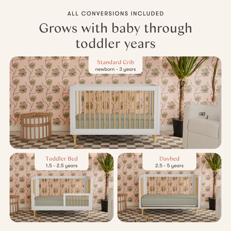 White and Natural Pine Wood 3-in-1 Convertible Crib