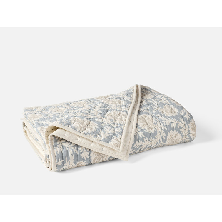 Organic Cotton King Quilt in Tidal Blue with Khaki Floral Design
