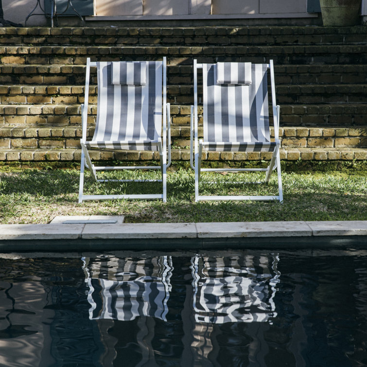Classic Black and White Striped Foldable Beach Chairs, Set of 2