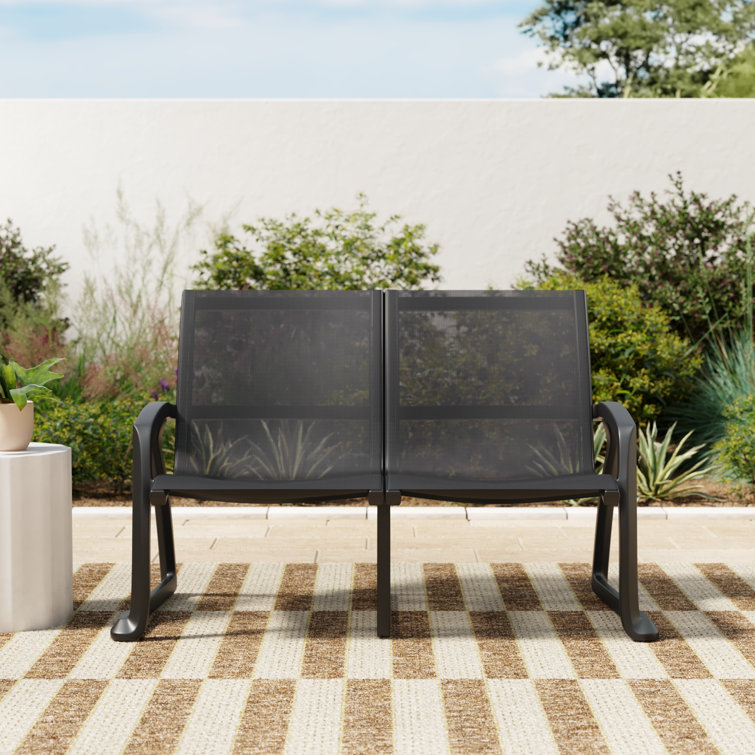 Black Plastic Outdoor Loveseat with Mesh Fabric