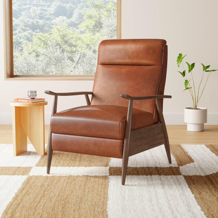 Caramel Mid-Century Modern Faux Leather Recliner with Wooden Arms
