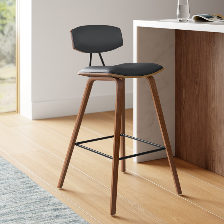 Fox Mid-Century Modern Gray Faux Leather & Brushed Black Wood Barstool