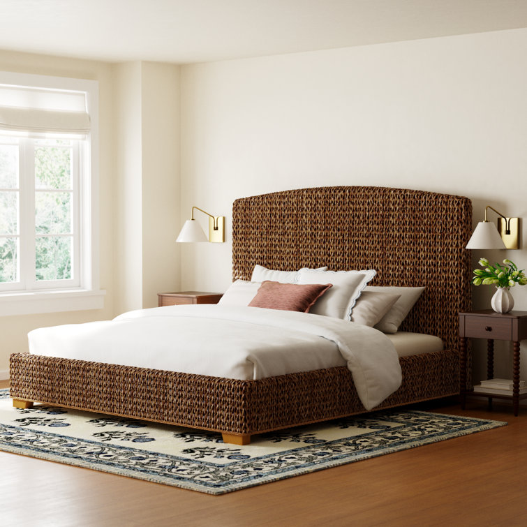 Tropical Mahogany King Bed with Woven Banana Leaf Headboard