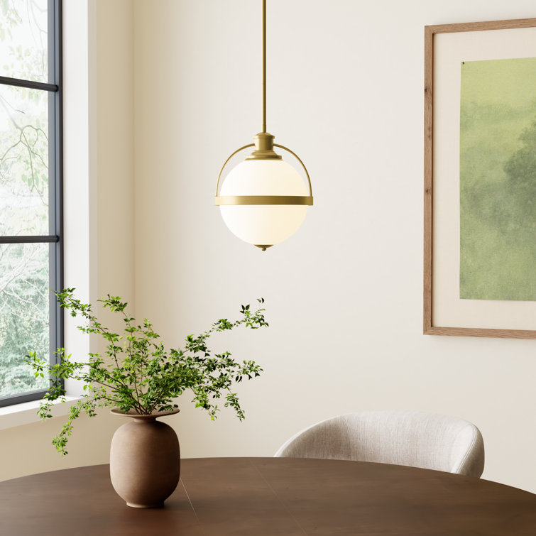 Warm Brass Globe Pendant Light with White Opal Glass Shade