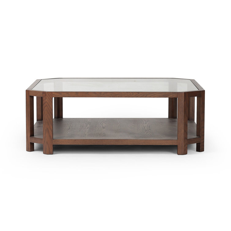 Warm Brown Oak and Glass Square Coffee Table with Shelving