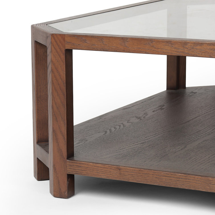 Warm Brown Oak and Glass Square Coffee Table with Shelving