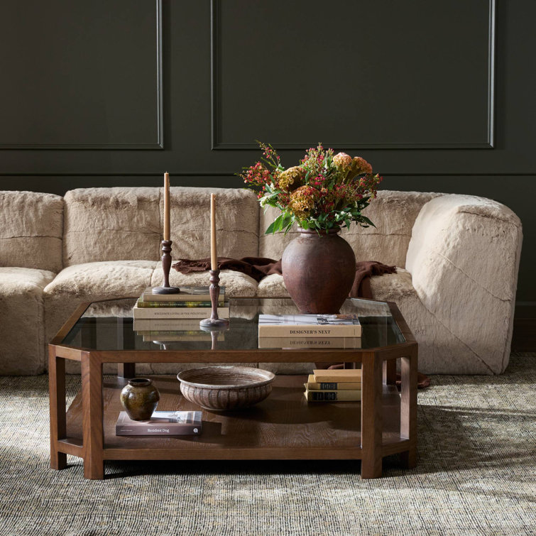 Warm Brown Oak and Glass Square Coffee Table with Shelving