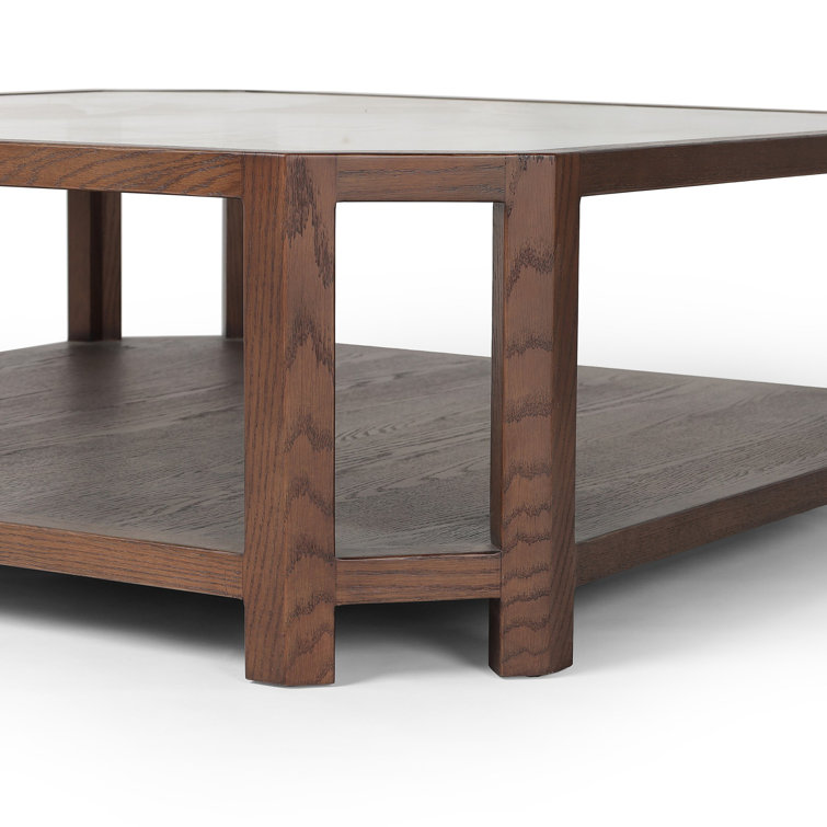 Warm Brown Oak and Glass Square Coffee Table with Shelving