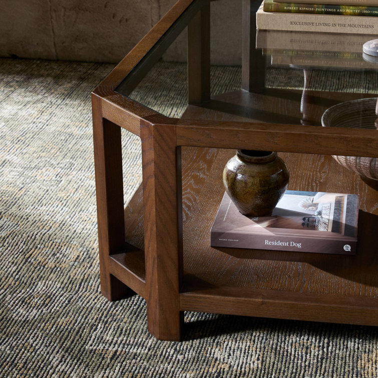 Warm Brown Oak and Glass Square Coffee Table with Shelving