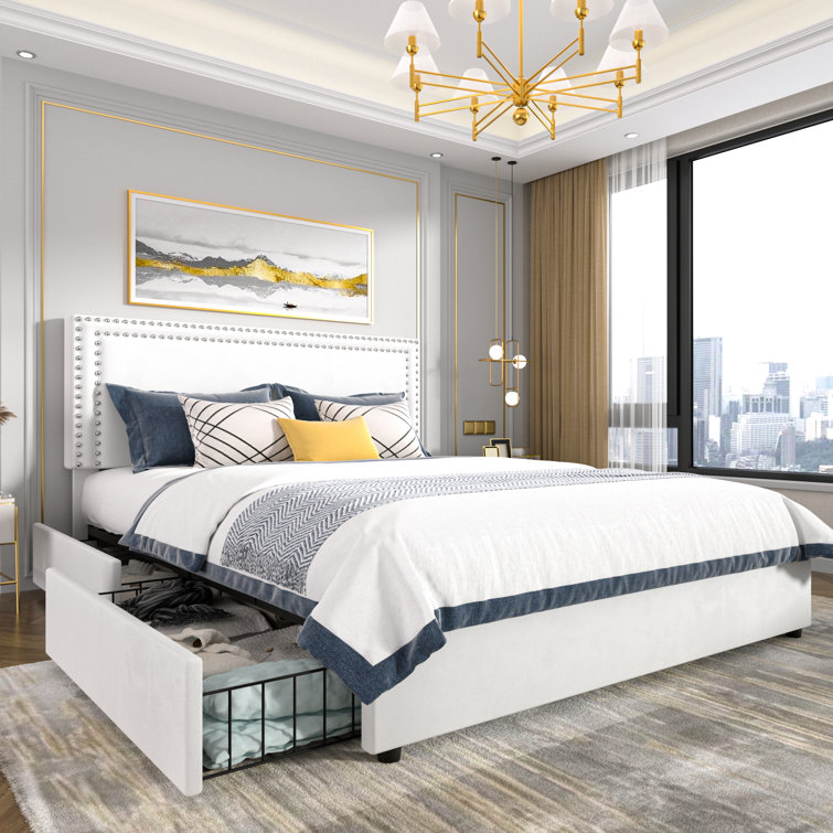 White Velvet Upholstered King Platform Bed with Storage Drawers