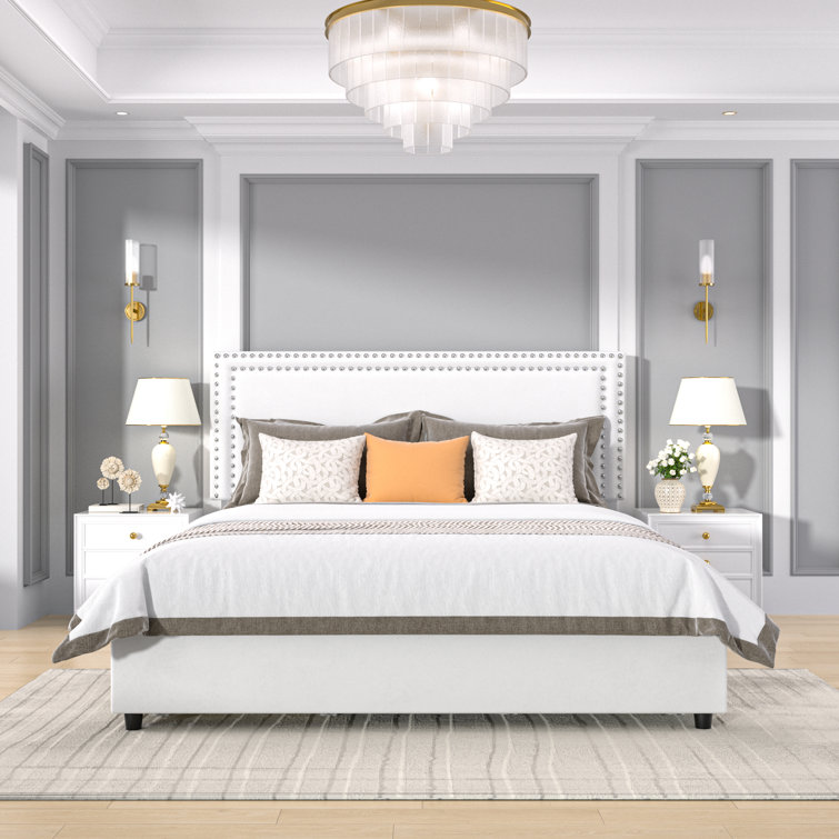 White Velvet Upholstered King Platform Bed with Storage Drawers
