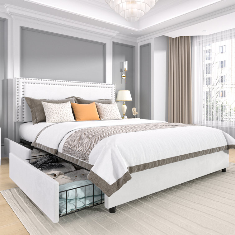 White Velvet Upholstered King Platform Bed with Storage Drawers