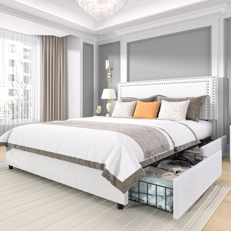 White Velvet Upholstered King Platform Bed with Storage Drawers