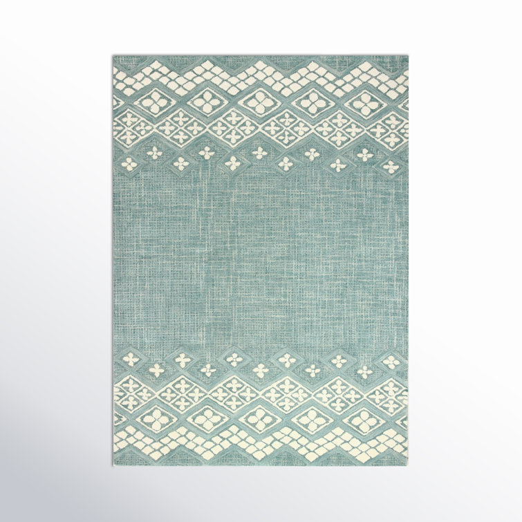 Teal and White Hand-Tufted Wool Rectangular Area Rug
