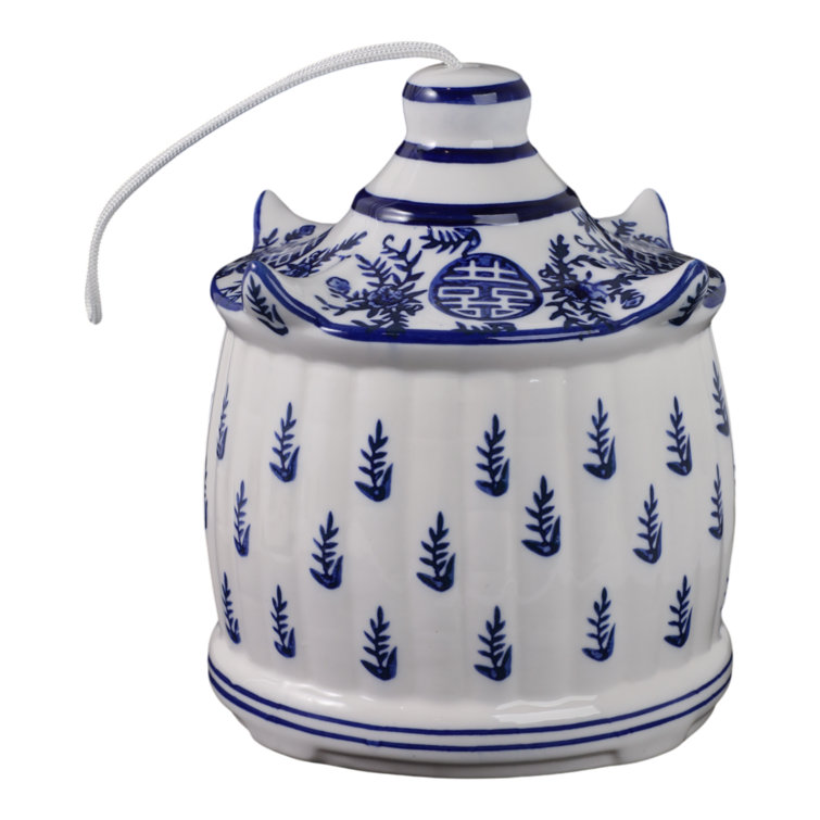 White and Blue Ceramic Pagoda Bird House with Hanging Rope