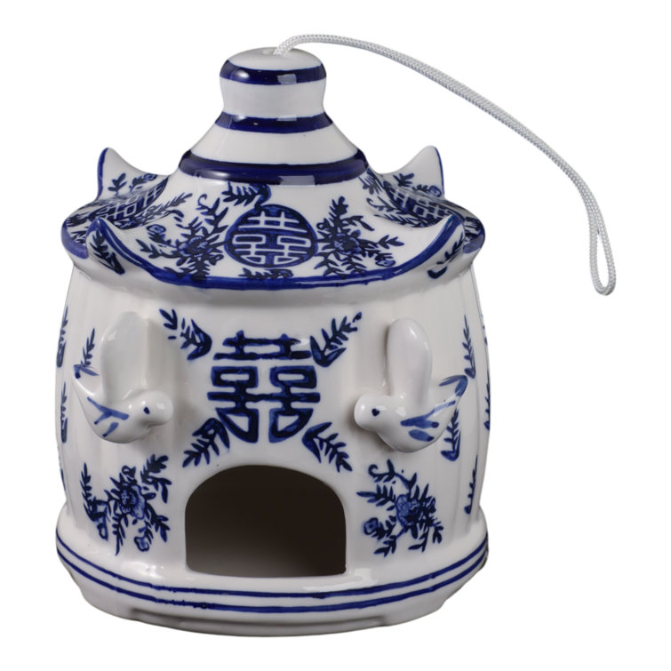 White and Blue Ceramic Pagoda Bird House with Hanging Rope