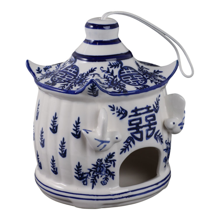 White and Blue Ceramic Pagoda Bird House with Hanging Rope